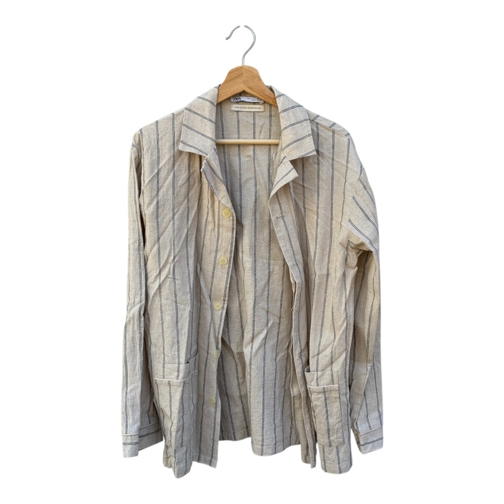 Zara Striped Linen Shirt Jacket in Cream and Navy Blue Stripes